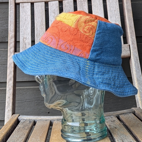 Handmade Patchwork Tapestry Denim Bucket Hat Unisex Blue Orange Pink Yellow - Picture 5 of 7